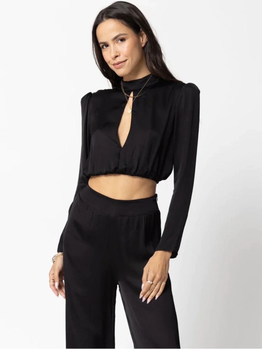 Stillwater Black Long Sleeve Crop Top - Keyhole Front Size M